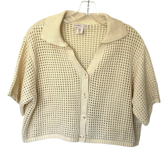 Sincerely Jules Wms XS Open Knit Cream Cropped Shrug Sweater Button Up Layering - Picture 1 of 8